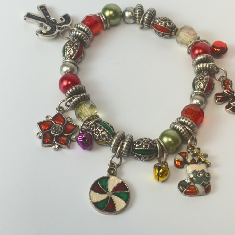 Christmas Charm Bracelet Red Green Silver Holiday Statement Boho Festive